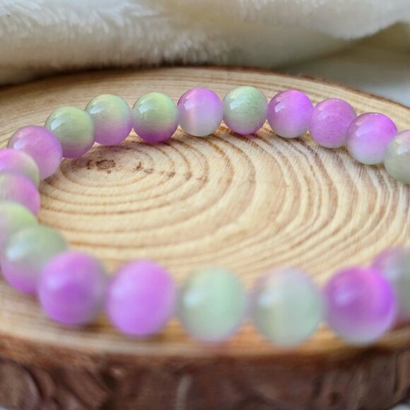 Cat’s Eye Gemstone Bracelet – Handmade w/ Purple & Green Beads for Focus & Luck - Picture 8 of 15